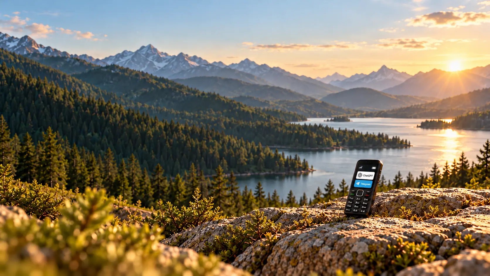 Un móvil clásico de teclas con ChatGPT y Telegram, junto a un tranquilo lago de montaña al amanecer.